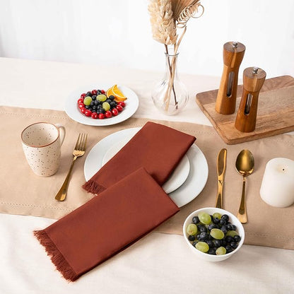 Blue Needles Handmade Cotton Linen Cloth Napkins with Fringes - Set of 6 Rust Dinner Table Napkins 18x18 Inch Hemmed Edges Washable, Soft, Reusable, Perfect for Fall Thanksgiving & Family Dinner