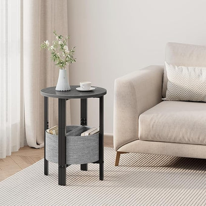 Vagusicc Small Round Side Table End Table, Tall Accent Table with Storage Basket, Set of 2 Half Round Table Half Moon Tables, Coffee Bedside Table Modern Nightstand for Living Room Bedroom Gray Walnut