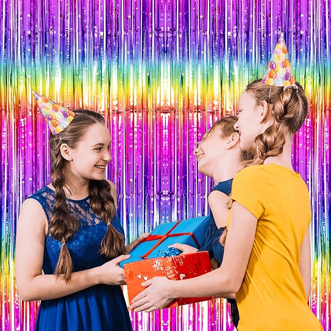 Thicken Rainbow Streamers 4 Pack 3.2 x 8.2 FT, Rainbow Birthday Decrorations Tinsel Backdrop Curtains, Foil Fringe Photo Backdrop for Birthday Decorations, 80s 90s Party Decorations