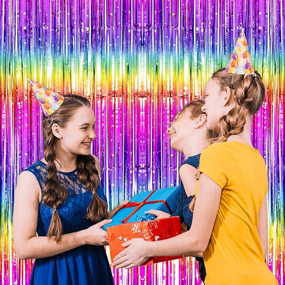 Thicken Rainbow Streamers 4 Pack 3.2 x 8.2 FT, Rainbow Birthday Decrorations Tinsel Backdrop Curtains, Foil Fringe Photo Backdrop for Birthday Decorations, 80s 90s Party Decorations