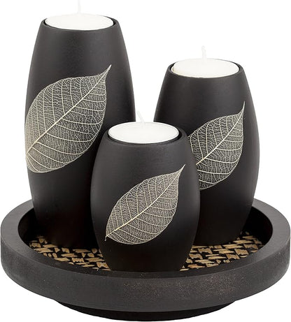 IYARA CRAFT Candle Holder Set with Tray – 3 Handmade Wood Tealight Holders, Black Leaf Design, Winter Home Décor, Spa-Inspired Holiday Centerpiece & Elegant for Women, Mom, Housewarming
