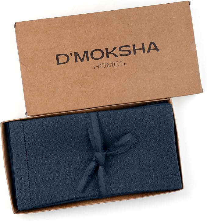 D'Moksha Homes Navy Blue Linen Napkins Set of 8 - Classic Hemstitch 100% Pure Linen Hemstitch Dinner Napkins 20 x 20 Inch for Winter, Christmas, Holiday - Handcrafted and Machine Washable