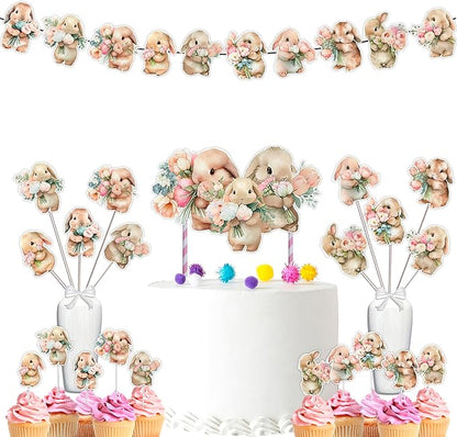 Easter Bunny Baby Shower and Birthday Party Supplies Set - Banner, Centerpieces, Cupcake Toppers, Cake Topper