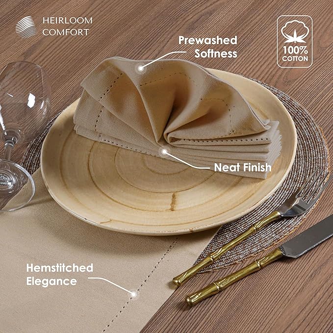 Beige Cloth Napkins Set of 6, 18 x 18 Inch - Soft, Absorbent, Durable, Reusable, Washable - Hemstitch Mitered Edges - Perfect Hotel Quality Napkin for Dinner, Weddings, Holiday Décor
