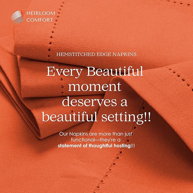 Orange Cloth Napkins 18"x18", 6 Pack - Durable, Absorbent, Soft, Reusable, Washable - Hemstitch Mitered Edges - Ideal for Dinner, Fall, Thanksgiving, Rustic Weddings, Everyday Use