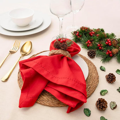 Blue Needles Set of 6 Hemstitch Linen Napkins 100% Cotton Red Cloth Dinner Napkins 18x18 inches, Soft, Reusable, Absorbent, Washable, Ideal for Fall Thanksgiving Events, Parties & Everyday Use