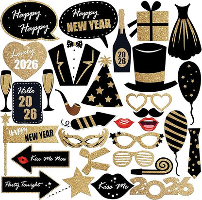 KatchOn, Glitter New Years Photo Booth Props 2026 - Pack of 32 | Photo Booth Props 2026, Happy New Years Decorations 2026 | Photo Props 2026, New Years Eve Party Supplies 2026