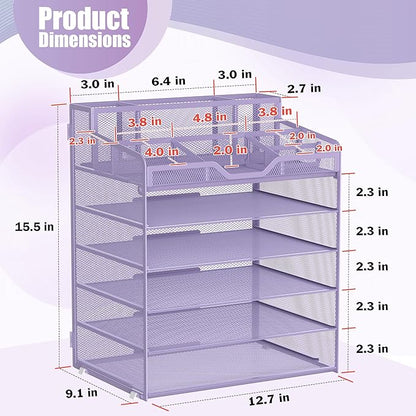 Docnest 6 Tier Mesh Desk Organizer for Paper Office Supplies – Multi-Functional Letter Tray with 5 Adjustable Compartments, 5 Pen Holders, Desktop Storage for Files, Mail, Stationery – Purple