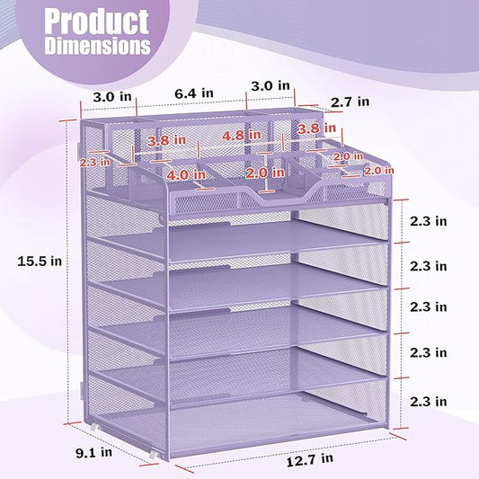 Docnest 6 Tier Mesh Desk Organizer for Paper Office Supplies – Multi-Functional Letter Tray with 5 Adjustable Compartments, 5 Pen Holders, Desktop Storage for Files, Mail, Stationery – Purple