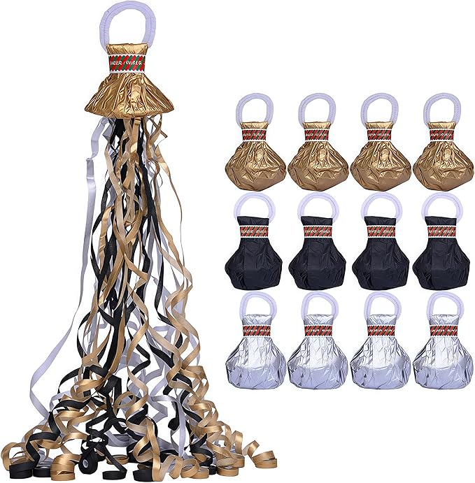 12 Pack Streamer Poppers, Gold/Silver/Black Tri-Tone No Mess Confetti Poppers，Party Poppers No Mess Streamers Easy to Clean Handheld Streamer Cannon，Ideal for Celebrations and Events