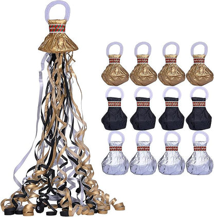 12 Pack Streamer Poppers, Gold/Silver/Black Tri-Tone No Mess Confetti Poppers，Party Poppers No Mess Streamers Easy to Clean Handheld Streamer Cannon，Ideal for Celebrations and Events