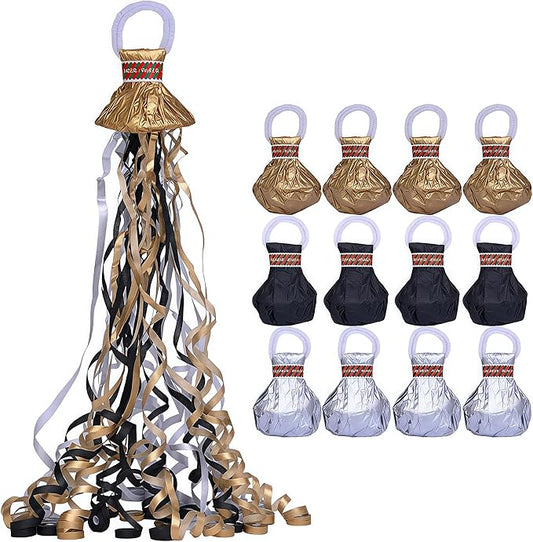 12 Pack Streamer Poppers, Gold/Silver/Black Tri-Tone No Mess Confetti Poppers，Party Poppers No Mess Streamers Easy to Clean Handheld Streamer Cannon，Ideal for Celebrations and Events