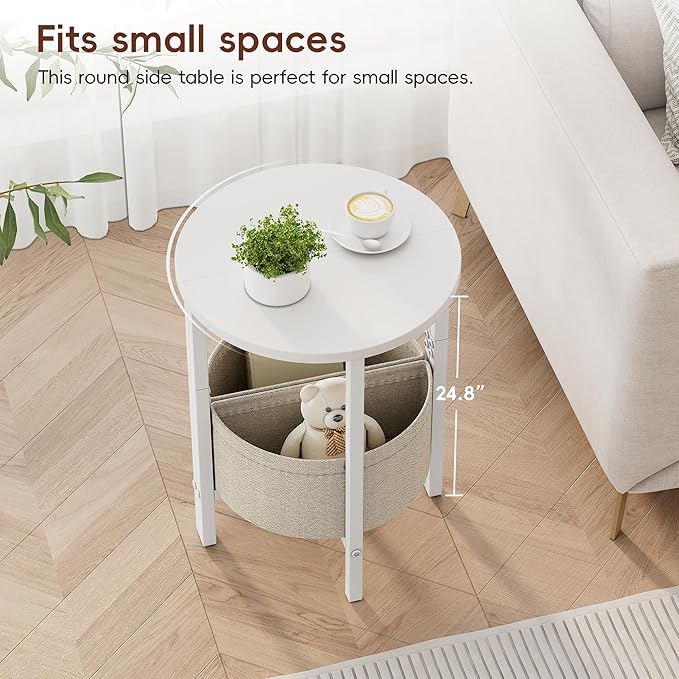 Vagusicc Side Table, Small Round End Table, Tall Accent Table with Storage Basket, Set of 2 Half Round Coffee Tables Half Moon Tables, Bedside Table, Modern Nightstand for Living Room Bedroom, White