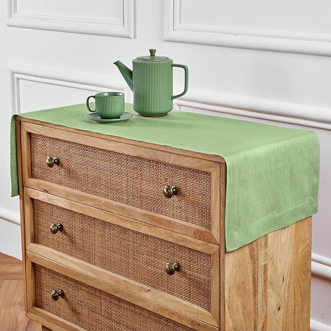 Solino Home Linen Table Runner 72 Inches Long - 100% Pure Linen Laurel Green Dining Table Runner 14 x 72 Inch for Fall, Autumn - Fete