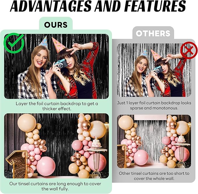 BTSD-home Black Foil Fringe Curtain, Metallic Photo Booth Backdrop Tinsel Door Curtains for Wedding Birthday Bridal Shower Baby Shower Bachelorette Christmas Party Decorations(4 Pack, 12ft x 8ft)