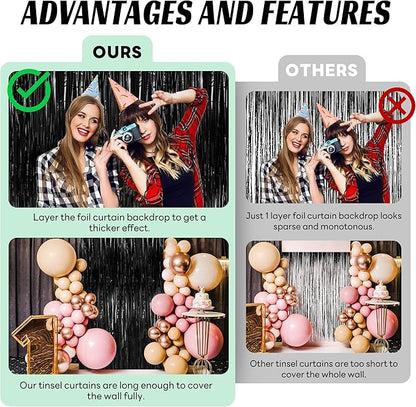 BTSD-home Black Foil Fringe Curtain, Metallic Photo Booth Backdrop Tinsel Door Curtains for Wedding Birthday Bridal Shower Baby Shower Bachelorette Christmas Party Decorations(4 Pack, 12ft x 8ft)