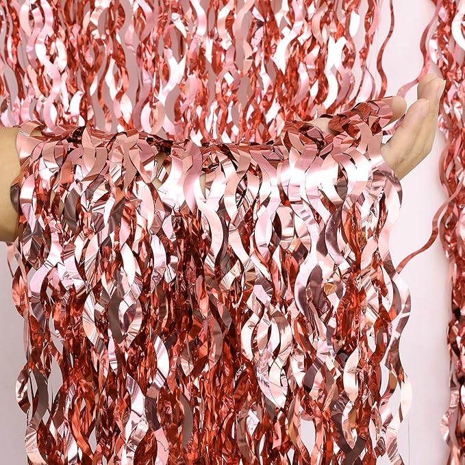 2 Pack 3.2x6.5 Feet Wavy Rose Gold Fringe Curtain Backdrop Wine Bachelorette Party Decorations Metallic Tinsel Streamers Foil Backdrop Background for Wedding Engagement Bride Be Baby Shower