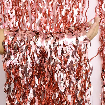 2 Pack 3.2x6.5 Feet Wavy Rose Gold Fringe Curtain Backdrop Wine Bachelorette Party Decorations Metallic Tinsel Streamers Foil Backdrop Background for Wedding Engagement Bride Be Baby Shower
