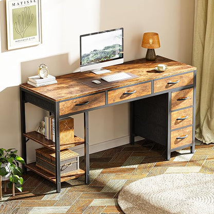 Huuger Computer Desk with 6 Drawers, Office Desk with Shelves, Reversible Gaming Desk, Corner Desk with Storage, Work for Home Office, Study, Living Room, 47inch, Rustic Brown