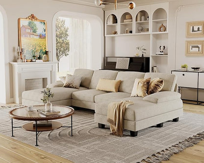 Furmax Sectional Couches for Living Room, U-Shaped Sofa Couch with Linen Fabric, 4 Seat Sofa Set with Double Chaise for Apartment (Corduroy, Beige)