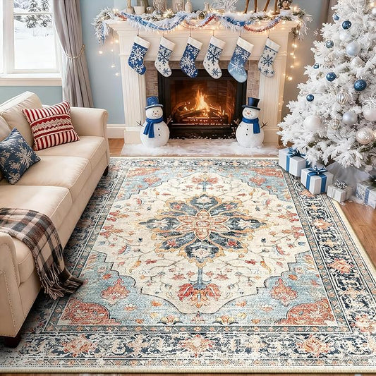 Area Rugs 6'x8' Washable Non-Slip, Floral Vintage Distress Print Pattern Medallion Carpet for Living Room Bedroom Dining Room, Beige Navy Blue Orange Colorful