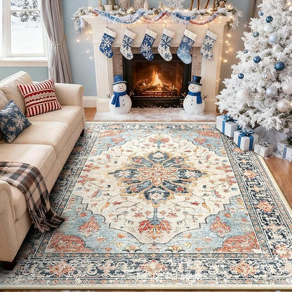 Area Rugs 5'x8' Washable Non-Slip, Floral Vintage Distress Print Pattern Medallion Carpet for Living Room Bedroom Dining Room, Beige Navy Blue Orange Colorful