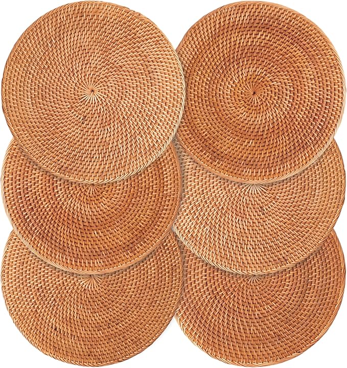 6-Pack Rattan Placemats - 13-inch Round Placemats (Honey Brown) - Woven Place Mats, Round Table Mats - Wicker Chargers for Dinner Plates, Plate Chargers Boho - Rattan Decor, Kitchen Table Decor