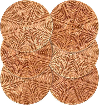 6-Pack Rattan Placemats - 13-inch Round Placemats (Honey Brown) - Woven Place Mats, Round Table Mats - Wicker Chargers for Dinner Plates, Plate Chargers Boho - Rattan Decor, Kitchen Table Decor