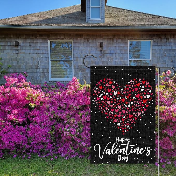 Heyfibro Happy Valentine's Day Garden Flag 12 x 18 Inch Double Sided Burlap, Love Heart Yard Flag Valentine’s Party Supplies for Anniversary Wedding Home Outdoor Decoration (ONLY FLAG)
