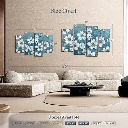 ElephantStock Blossoms Of Evening Wall Art - Horizontal Canvas - 4-Piece Living Room Wall Decor - Blossom Painting Canvas Print - Blue and Gray Decor for Wall by Carol Robinson - 52" X 32"