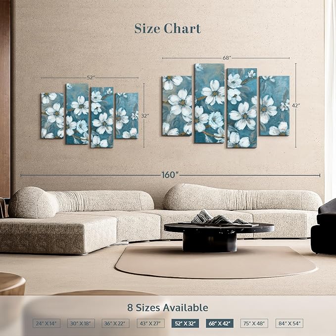 Elephant Stock Blossoms Of Evening Wall Art - Horizontal Canvas - 4-Piece Living Room Wall Decor - Blossom Painting Canvas Print - Blue and Gray Decor for Wall by Carol Robinson - 68" X 42"