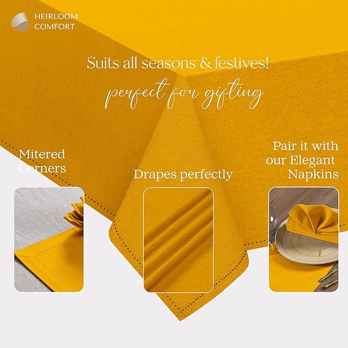 Mustard Yellow Cotton Table Cover, 60x86 Inch, Fits 6-8 Seats, Soft, Durable, Washable, Wrinkle Resistant, Rectangle Table Cloth for Summer Gatherings, Festive Meals, Dining Decor