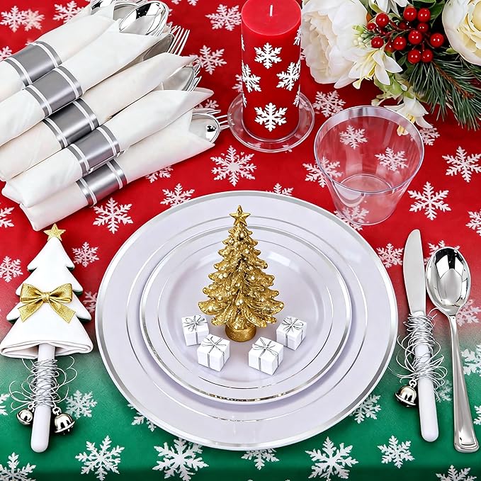 WELLIFE 350Pcs Silver Plastic Plates for 50 Guests - Disposable Dinnerware Set, Christmas Party Supplies Includes 100 Silver plates,150 Silverware,50 Napkins,50 Cups,Christmas Plates Disposable