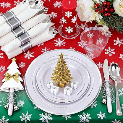WELLIFE 350Pcs Silver Plastic Plates for 50 Guests - Disposable Dinnerware Set, Christmas Party Supplies Includes 100 Silver plates,150 Silverware,50 Napkins,50 Cups,Christmas Plates Disposable