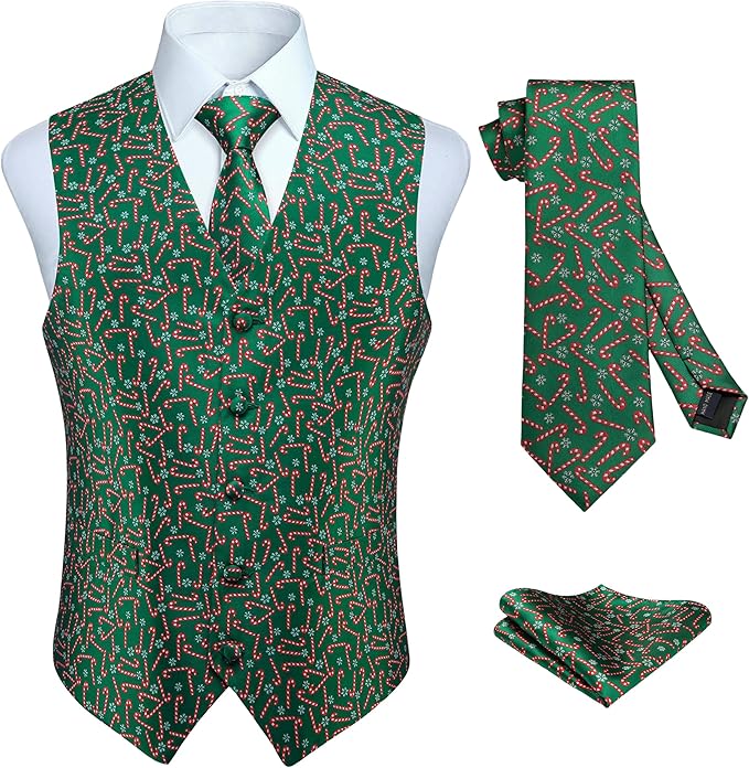 HISDERN Men's Suit Vest Christmas Holiday Season Party Jacquard Waistcoats Necktie Pocket Square Vest Suit Set