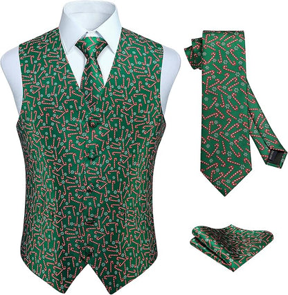 HISDERN Men's Suit Vest Christmas Holiday Season Party Jacquard Waistcoats Necktie Pocket Square Vest Suit Set