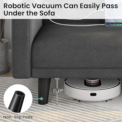 Yaheetech 63" Convertible Couch Small Futon Sofa Bed with 2 USB Ports, Reclining Backrest & Removable Armrests, Mid Century Modern Loveseat for Living Room, Apartment, Office, Dark Gray