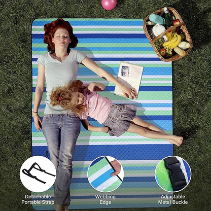 HX&OD Large Picnic Blanket Outdoor 80”x60” Waterproof Picnic Mat Foldable 3-Layer Camping Blanket Portable with Carry Strap Park Blanket for Grass(Blue)