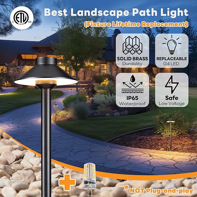 Gardenreet Brass Low Voltage Path Lights - 12V Landscaping Pathway Light IP65 Waterproof, Wired Walkway Lighting Outdoor, LED Black for Lawn Backyard with 3W 5000K Daylight G4 Bulb (8 Pack)