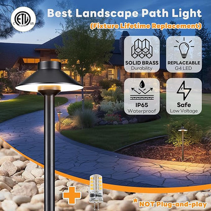 Gardenreet Brass Low Voltage Path Light, 12V Landscaping Pathway Lights IP65 Waterproof, Wired Walkway Lighting Outdoor, LED Black for Outside Backyard with 4000K Neutral White G4 Bulb (4 Pack)