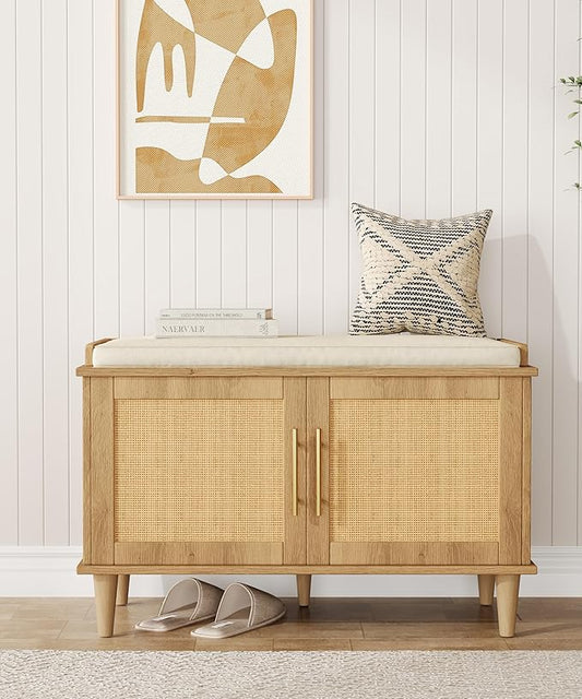 Rattan Shoe Storage Bench with Cushion, 2-Tier Entryway Bench with Adjustable Shelves and 2 Doors, 15" D x 31.5" W x 20" H, Solid Wood Legs, for Hallway, Living Room, Bedroom, Natural Oak
