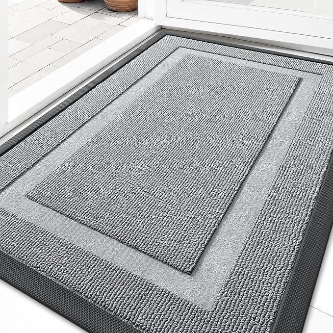 OLANLY Front Door Mat Indoor Outdoor Entrance, Waterproof All-Season, All-Weather Doormat, Sturdy Natural Rubber, Low Profile, Easy Clean Patio Porch Entryway Mat, 47x17, Ash Gray