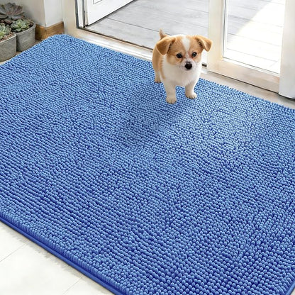 OLANLY Dog Door Mat for Muddy Paws 50x30, Absorbs Moisture and Dirt, Absorbent Non-Slip Washable Doormat, Quick Dry Chenille Mud Mat, Entry Indoor Entryway Carpet for Inside Floor, Cornflower Blue