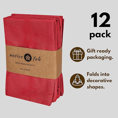 Native Fab Cloth Napkin Set of 12, 100% Cotton, Washable, Reusable Dinner Cloth Napkin 17x17 inches, Table Decor Napkins for Dinner, Events, Red