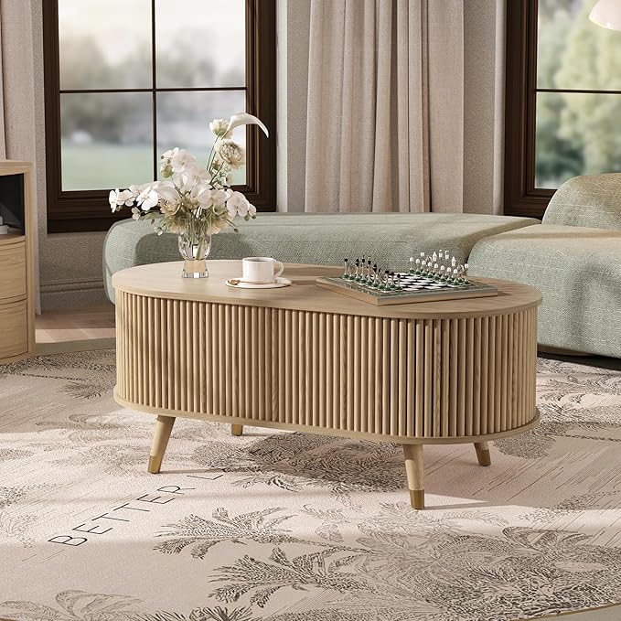 42.5" Oval Lift Top Coffee Table with Storage, Modern Oak Center Table with Fluted Design,Pop Up Coffee Table for Living Room,Solid Wood Legs & Hidden Compartment