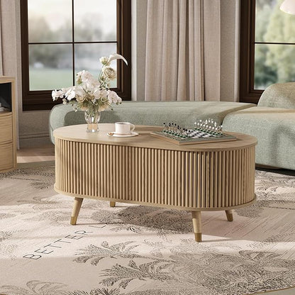 42.5" Oval Lift Top Coffee Table with Storage, Modern Oak Center Table with Fluted Design,Pop Up Coffee Table for Living Room,Solid Wood Legs & Hidden Compartment