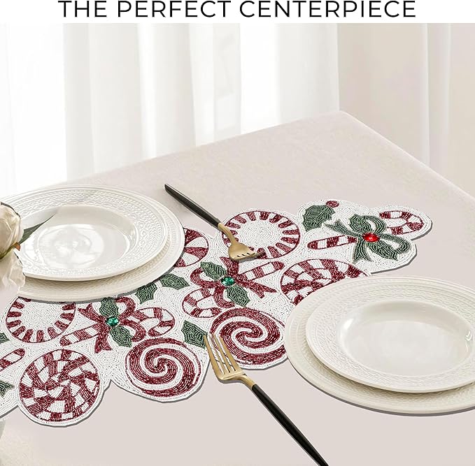 CLEENTABLE Handcrafted Christmas Beaded Table Runner – 36"x13" Art Deco Home Decor & Luxury Dinner Table Centerpiece in Vibrant Cherry Reddish with 85% Glass Beads, Durable Polyester Backing