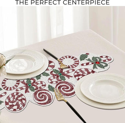 CLEENTABLE Handcrafted Christmas Beaded Table Runner – 36"x13" Art Deco Home Decor & Luxury Dinner Table Centerpiece in Vibrant Cherry Reddish with 85% Glass Beads, Durable Polyester Backing