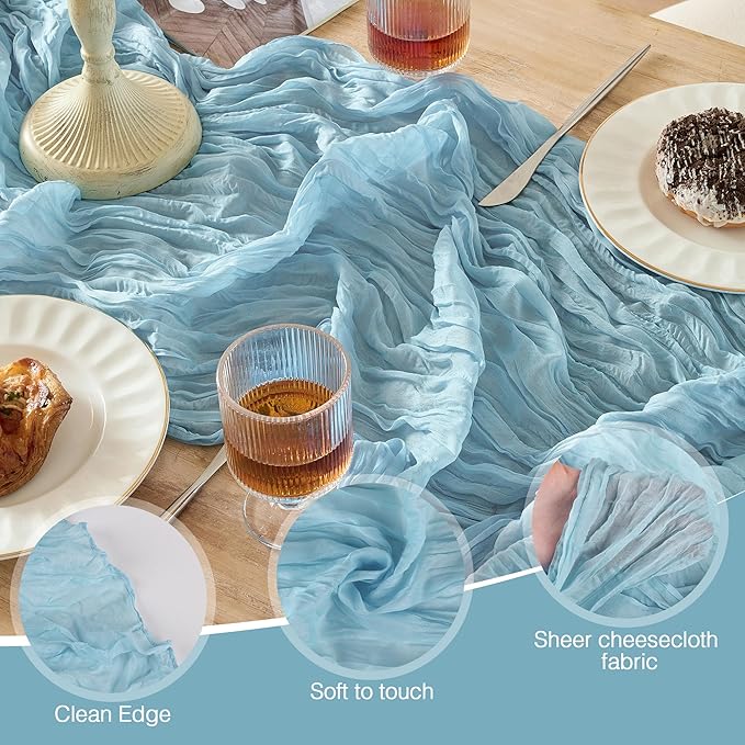 12 Pack Cheesecloth Table Runner 120 Inch Boho Rustic Gauze 10 FT Dusty Blue Cheese Cloths Table Runners Decorations for Spring Summer Birthday Party Baby Shower Wedding Holiday Home Decor