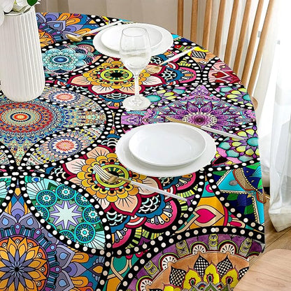 Eikione Boho Round Tablecloth, 60inch Bohemia Table Cover, Colorful Polyester Waterproof Stain Resistant, Wrinkle Free, Circle Tablecloth for Indoor and Outdoor Use